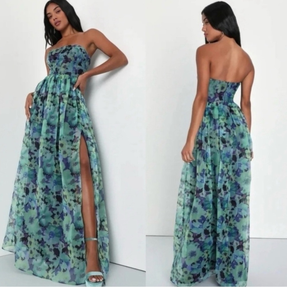 Lulu's Wonderful Waltz Green Floral Print Strapless Bustier Maxi Blue Green
